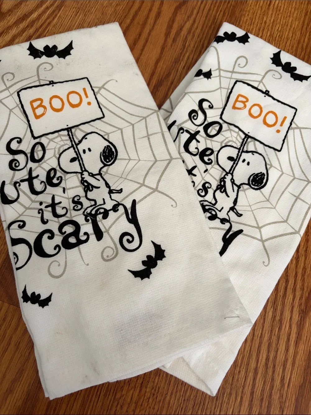 Halloween Snoopy Cotton Kitchen Towels - White with Black and Orange Accents